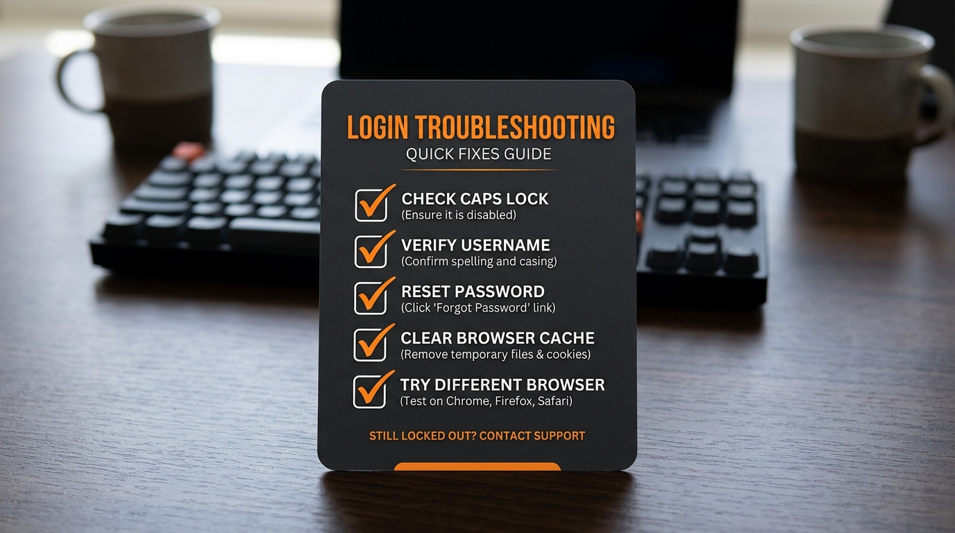 Checklist of common login fixes on a dark interface