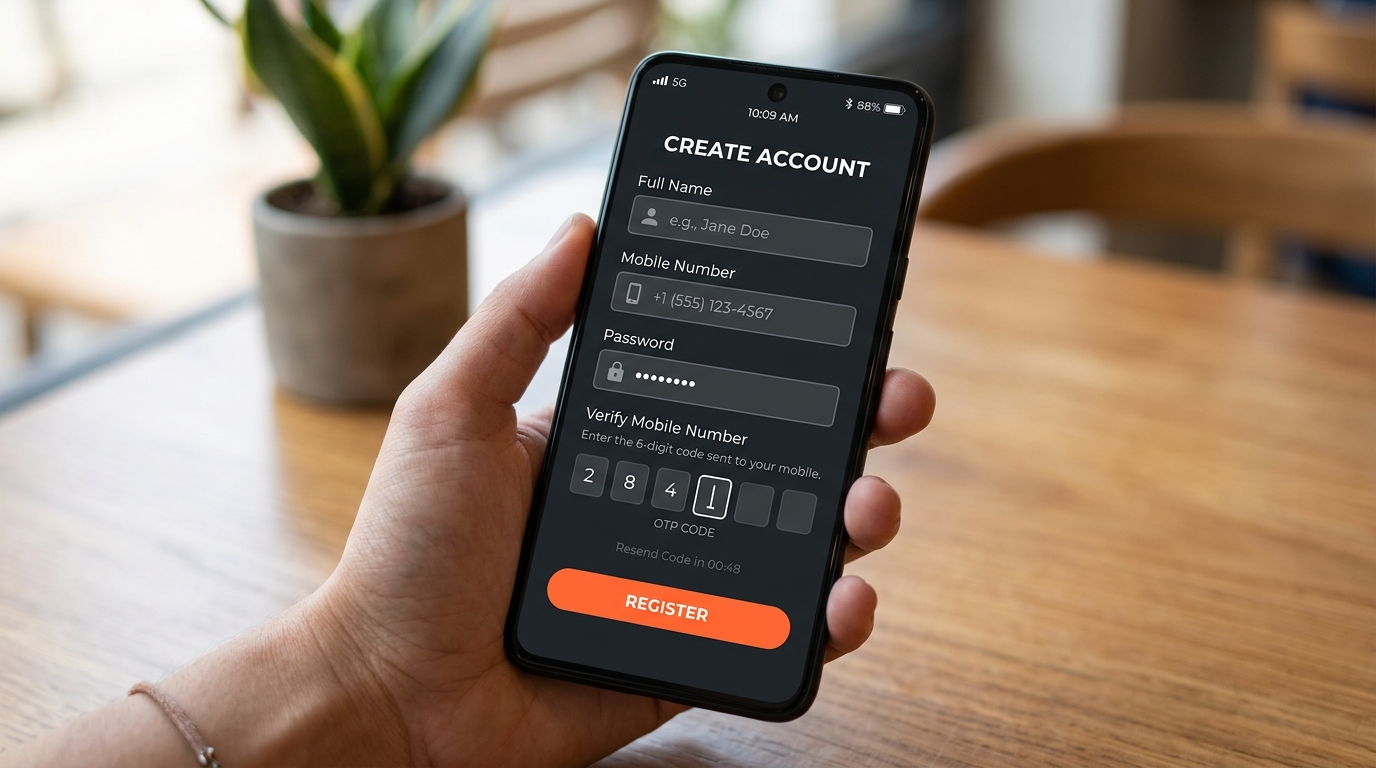 Account registration form on a dark FairPlay-style screen