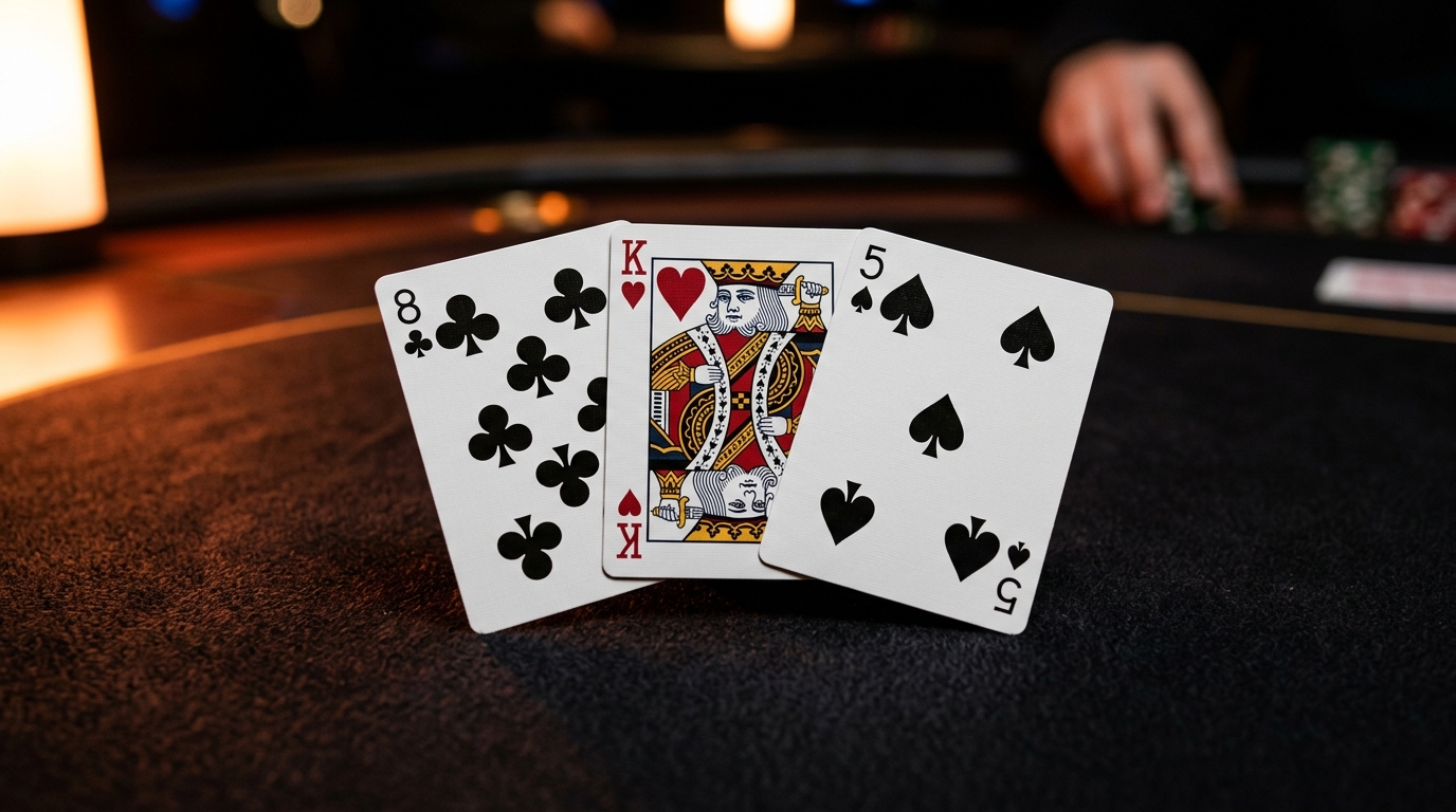 Three playing cards fanned out for a Teen Patti hand
