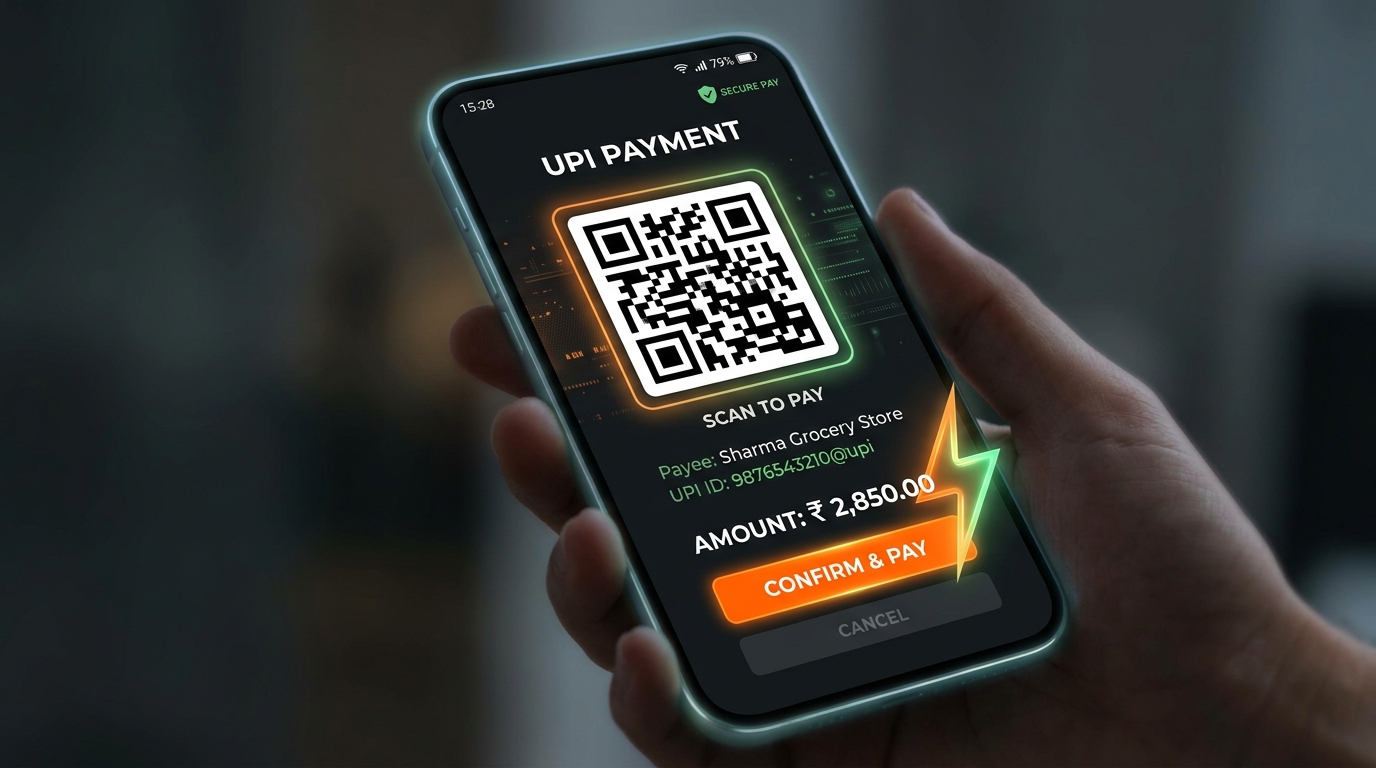 UPI payment flow with a QR code and rupee symbol
