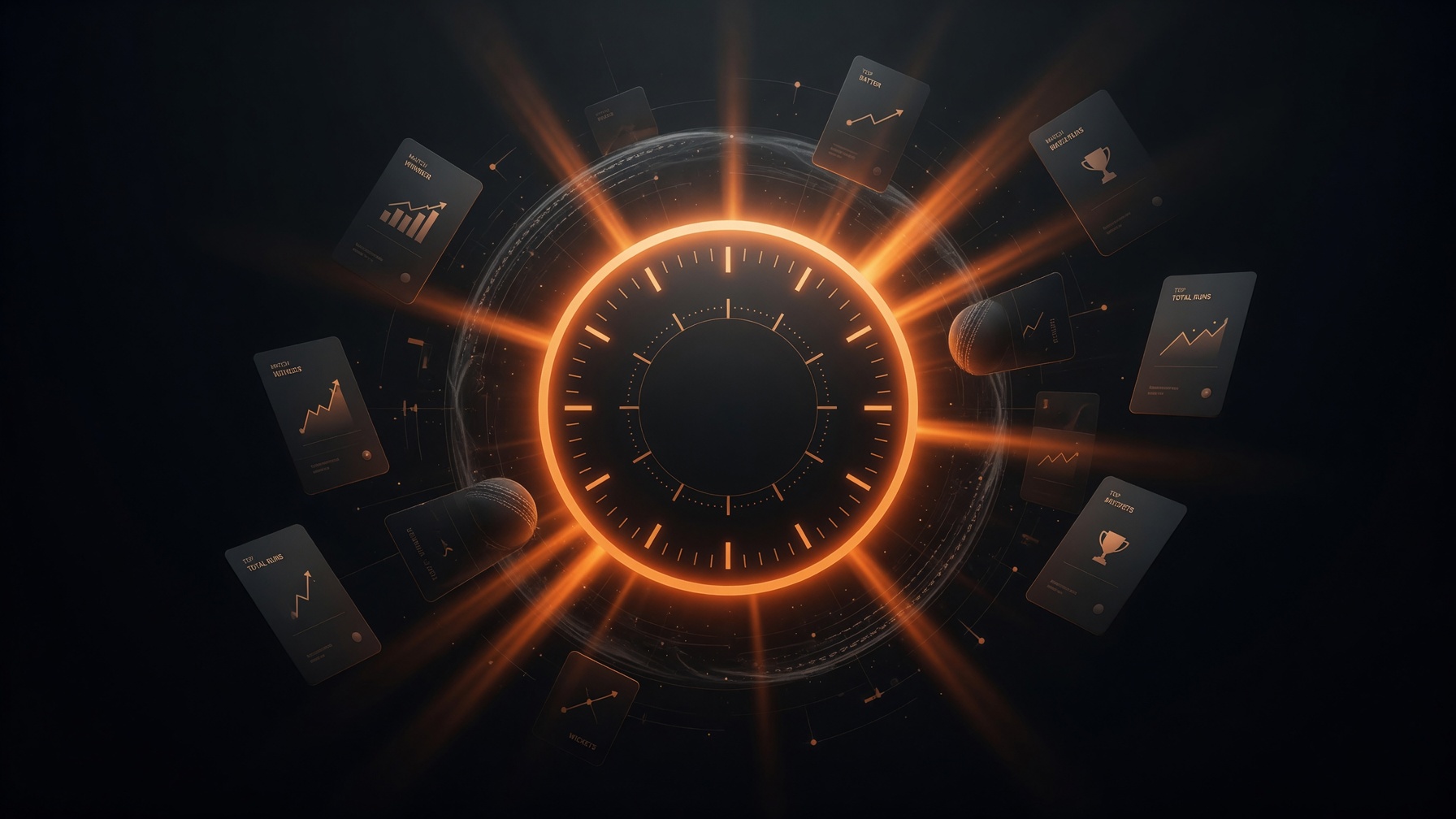 Round-the-clock cricket betting concept with a glowing clock and orange live market panels