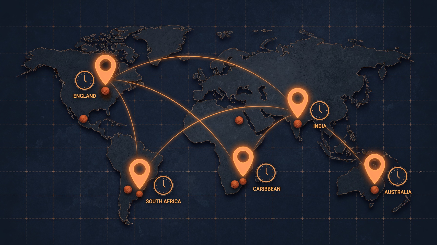 World map of cricket leagues across time zones powering FairPlay 24 markets