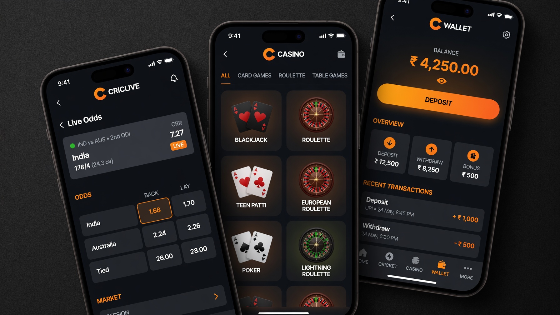 FairPlay mobile app showing live cricket, casino and wallet sections