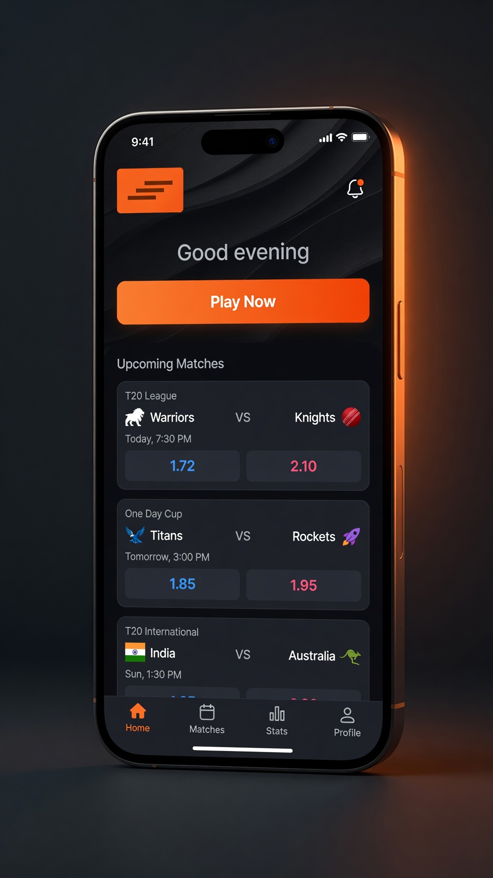 Smartphone showing the FairPlay mobile web app home screen with cricket markets